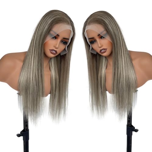Image of Munx Ombre Highlight Ash Blonde Lace Front Wigs Human Hair, 13x6 HD Straight Lace Front Wigs Pre Plucked Balayage Glueless 180% Density Full Ends Wig Brown Roots Highlighted Human Hair Wig 20 inch