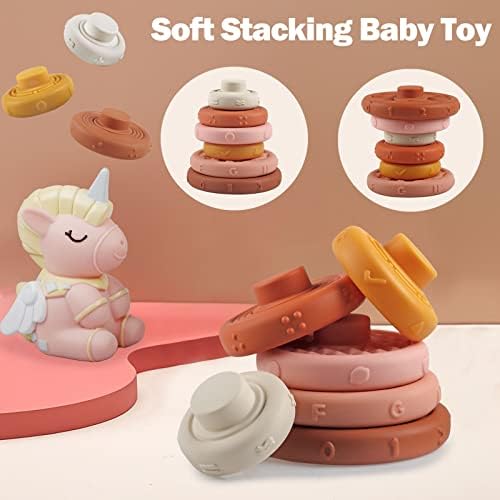 Stacking & Nesting Baby Toys 7 Pcs, Montessori Toys for Babies Squeeze Stacker & Teether Toys, Soft Building Rings with Pink Unicorn, Early Educational Toys for 6 12 18 Months Baby Toddler Boys Girls