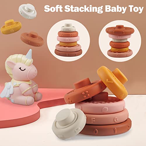 Stacking & Nesting Baby Toys 7 Pcs, Montessori Toys For Babies Squeeze Stacker & Teething Toys, Soft Building Rings With Pink Unicorn, Early Learning Toys For 6 12 18 Months Baby Toddler Boys Girls #TOP3