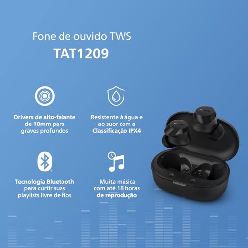 Fone de ouvido sem fio TWS Philips TAT1209BK/00 na cor preto, com bluetooth, microfone, tecnologia I
