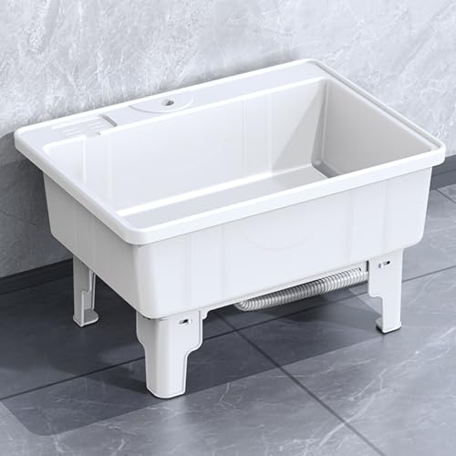 Fregadero de Plástico Independiente con Tabla de Lavar, Pila Lavadero con Desagüe, Fregadero Exterior Jardin, para Lavadero, Sótano, Garaje, Jardín(White,64.5x56x41cm)