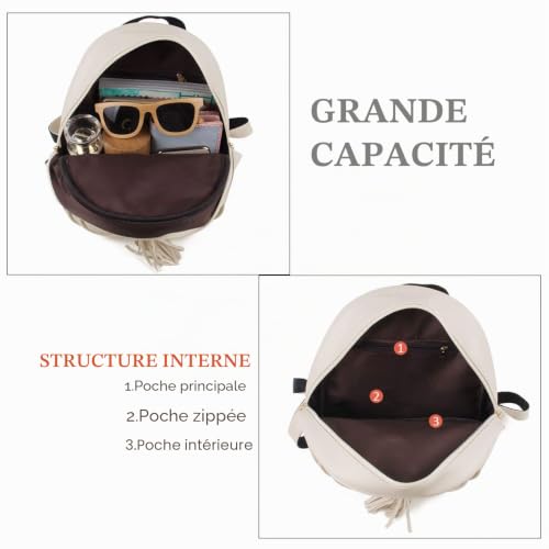 EVEOUT Femmes Faux Cuir Décontractée Sac à Dos Étanche Sac de Voyage Scolaire Sacs de Jour 3 en 1 Sac à Main pour Fille, Beige – vue 6