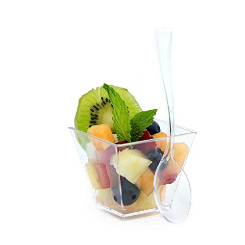 Dessert Cups 100 Ct and Plastic Spoons 100 Count, 2 Ounce Clear Disposable Square Cups, Acrylic Sample Tasting Shot Glasses, Elegant Restaurant Quality