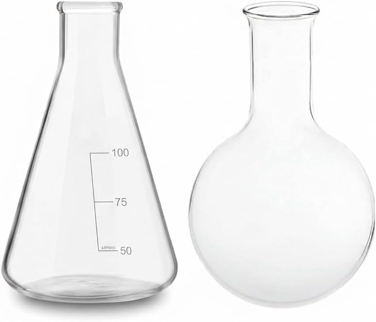 Borosilicate Glass 3.3 Round Bottom Boiling Flask 100 ml & Conical Flask 100 ml of 2 for school collage chemistry lab laboratory