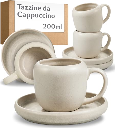 Set di tazze da cappuccino: 4 tazze da cappuccino eleganti in ceramica di alta qualità, ideali per il piacere quotidiano. Capacità: 200 ml | Altezza: 7,5 cm | Diametro: 7 cm. Perfette per casa, ufficio o bar.