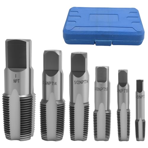 Ollanoos 6-Teiliges Rohrgewindebohrer Set, 1/8, 1/4, 3/8, 1/2, 3/4, 1 Zoll, für Kohlenstoffstahlrohre, PVC-Rohrindustrie, Automobilindustrie und Bauindustrie (Blaue Aufbewahrungsbox)