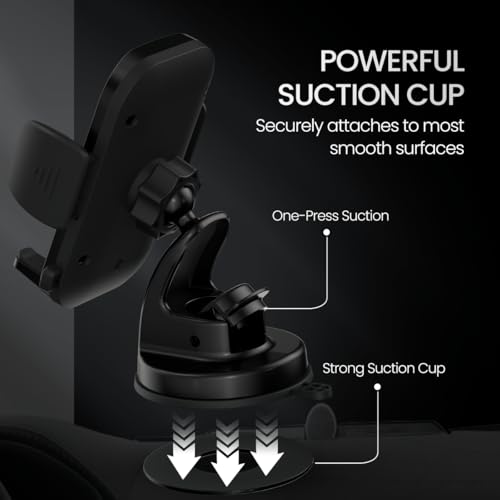 Portronics Clamp M4 Car Phone Holder Stand with 360 Degree Rotation, Strong Grip, Suction Cup Mount, Single Hand Use, Shockproof Build, Mobile Stand for Car (Black) 7 41++HXqcpXL