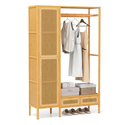 GIANTEX Armoire Penderie Multifonctionnelle en Bambou, Porte-vêtements Robuste avec Tige de Suspension, Étagère de Rangement, 2 Tiroirs, Organisateur de Garde-Robe Autoportant, 102 x 33 x 160 cm