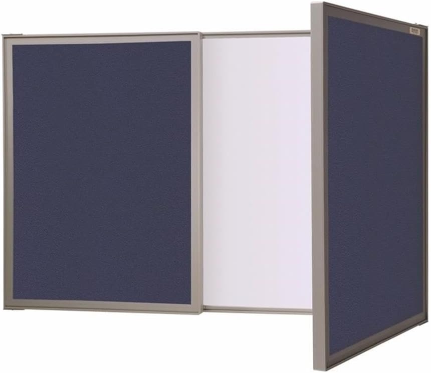 Pemberly Row Fabric Bulletin Board Cabinet, 24" H x 36" W, Non-Magnetic Whiteboard and Blue Fabric, Aluminum Satin Frame, Compact Design for Office, Panels or Small Meeting Rooms