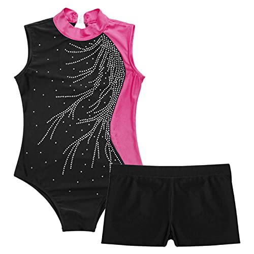 Linjinx Kids Girls Rhinestone Floral Gymnastics Dance 2 Piece Outfits Sleeveless Leotards With Athletic Shorts Sets Tracksuit Hot Pink E 12 Years #TOP2