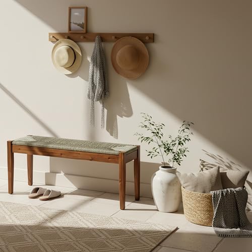 Image of Solid Wood Acacia Indoor Bench with Natural Woven Seat, 45 Inch Wood Bench for Living Room or Entryway, Bedroom End of Bed Bench or Dining Benches, Window Bench