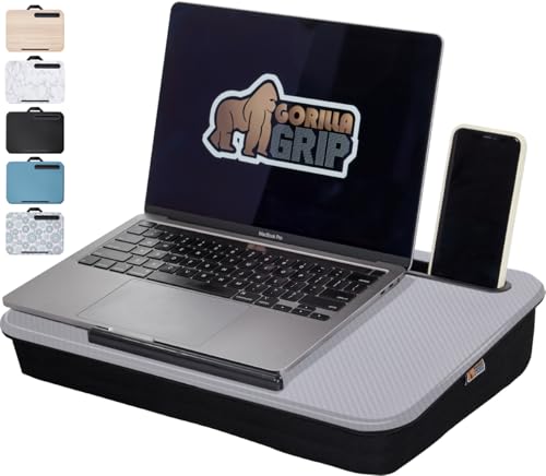 GORILLA GRIP Laptop Lap Desk with Phone Holder, Pillow Cushion Desks Fit Laptops up to 15.6", Tray Ledge Keep Computers in Place, Portable Travel Workstation Essentials for Home, Dorm Room, Gray