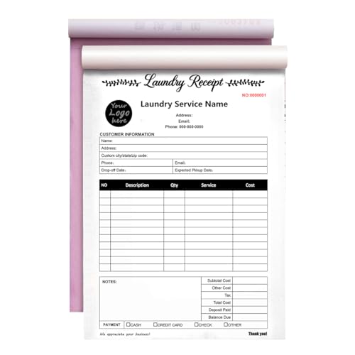 Custom Laundry Receipt Form with Your Company Name,Personalized Laundry Services Log Book 3-Part /2-Part NCR Paper,Laundry Service Receipt Forms (Style-A02, 2-Part [White/Yellow])