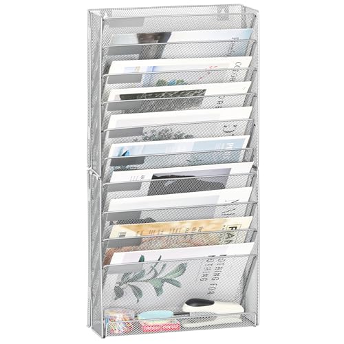 EasyPAG Wall File Holder Organizer 11 Tier Mesh Hanging Wall Mounted Document Paper Folder Filing Magazine Rack with Nametag Label for Office Home School, Silver