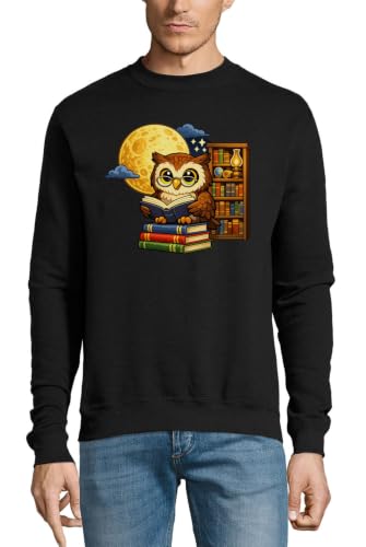Owl Reading Books Under Full Moon Cotton Sweater Sweatshirt Pullover Jumper Black X-Large