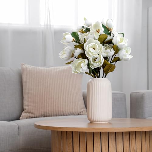 2 PCS 36.5inch Artificial Magnolia Flowers 3D Real Touch 6 Heads Faux Magnolia Flowers Realistic Long Stem with Green Leaves for Home Wedding Table Office Floral Arrangement Decoration (White)