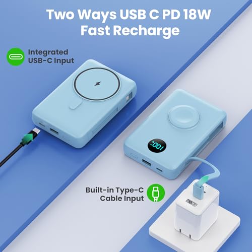 Image of 6 in 1 Magnetic Portable Charger for iPhone with Built-in Cables, 10800mAh 25W PD Fast Charging Power Bank, 6 Outputs LCD Display Travel Essential Battery Pack for iPhone 17 /16 /15 /14 /13 /12 (Sky Blue)