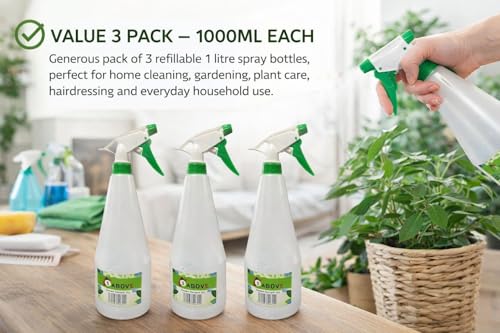 1ABOVE Pack Of 3 Spray Bottles 1000Ml – Refillable Plastic Water Spray Bottles With Adjustable Nozzle | Mist & Stream Sprayer For Cleaning, Gardening, Plants & Hair - 2