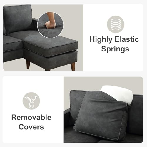 HAOMARKETS Faux Leather L Shaped Couch with Solid Wood Feet, 3-Seater Sofa with Reversible Chaise for Apartment, Sectional Couches for Living Room, Dark Grey - Thumbnail 5