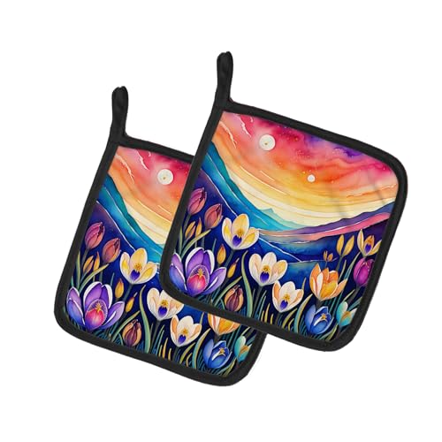 Image of Caroline's Treasures Colorful Crocus Pair of Pot Holders Kitchen Heat Resistant Pot Holders Sets Oven Hot Pads for Cooking Baking BBQ, 7 1 /2 x 7 1 /2