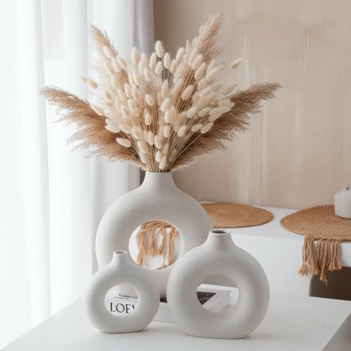Image of PUREZENTO White Ceramic Donut Vase 4.3, 5.3 & 6.2Inch - Set of 3 | Decorative Donut Vase for Dried Flowers & Pampas Grass | Vases for Modern Home Decor, Living Room, Office Decor