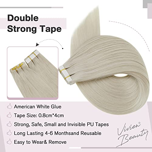 Vivien Tape In Hair Extensions Platinum Blonde Real Human Hair 24 Inch Straight White Blonde Hair Extensions Tape Ins Seamless Glue In Hair Extensions 20Pcs/50G #TOP3