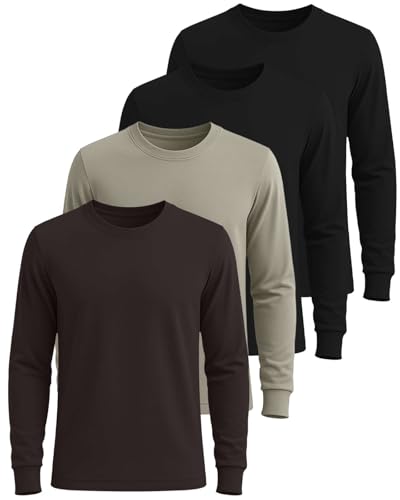 Image of Real Essentials 4 Pack: Men's Cotton Long Sleeve Crew Neck T-Shirt - Soft Work Casual Jersey Tees