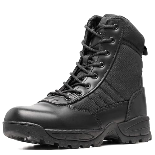 WIDEWAY Men's Tactical Military Work Boots Black Waterproof Leather Motorcycle Combat Army Boot w/Side Zipper slip resistant and All Day Comfortable (6-8inch)