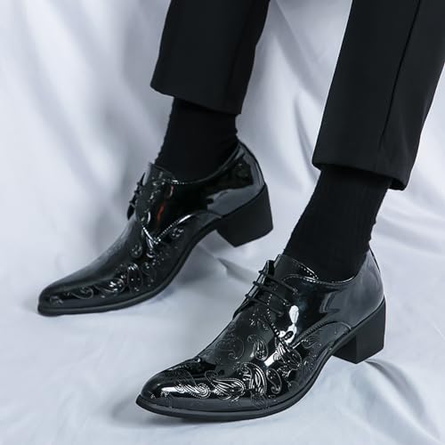Image of Men's Printing Pointed-Toe Patent Leather Derby Oxford Shoes,Classic Lace-up Low Top Block High Heel Fashion Slip on Prom Business Wedding Dress Shoes
