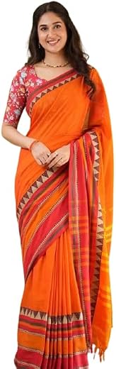 Piyari Fashion Traditional Cotton Khadi Handloom Saree, Brown with Geometric Border, Cotton Blend, Traditional Style, Form...