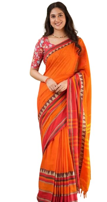 Piyari Fashion Traditional Cotton Khadi Handloom Saree, Brown with Geometric Border, Cotton Blend, Traditional Style, Form...