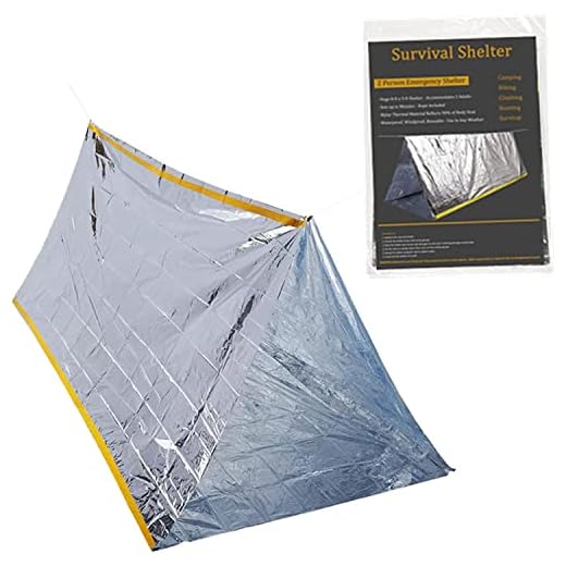 Emergency Thermal Tent, Compact Lightweight Weatherproof Mylar 59 x 98.4'' Survival 2-Person Tube Shelter Tent for Hiking Camping Backpacking Outdoor (Silver)