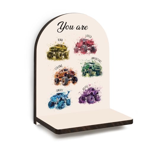 GWFSJYU Kids Boys Inspirational Monster Trucks Arched Wall Shelf Decor, You are Kind Wooden Floating Shelves, Boys Positive Truck Hanging Wall Shelves Decor for Boy Room Nursery Playroom, 9.45x7.09In