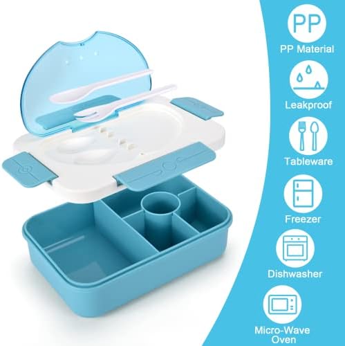 CORYIN Bento Box Lunch Box Adults Kids 1350ML BPA Free Lunch Boxes Containers with 5 Compartment Leakproof Sandwich Box with Dressing Container and Cutlery Microwave Dishwasher Freezer Safe Blue