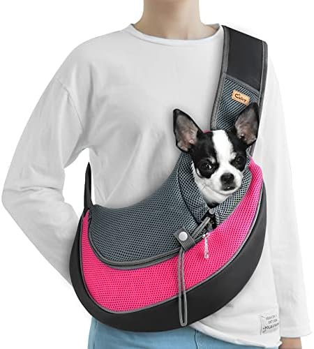 CUBY Pet Sling Carrier for Puppy Dog, Dogs Sling Carrier Breathable, Safety Front Pocket Pet Sling Carrier, Hands-Free Mesh Bag with Adjustable Shoulder Strap for Outdoor and Travel (S, Black)