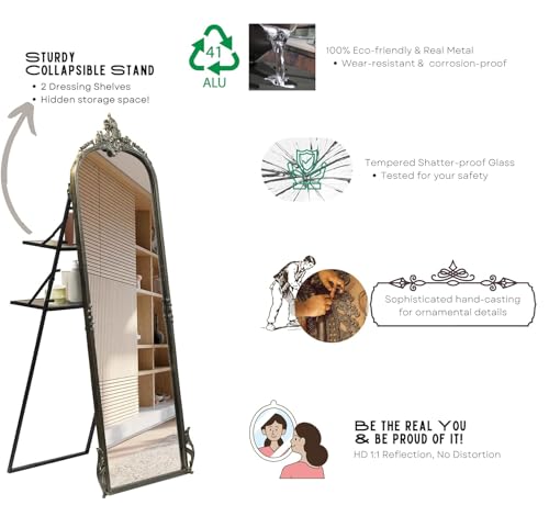 Image of Full Length Mirror with Ornate Frame Tall Standing Floor Mirror for Bedroom, Dressing Room & Living Room (Vintage Brass (with Stand))