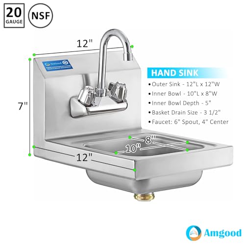 Image of AmGood Stainless Steel Wall Mount Hand Sink 12 inch x 12 inch | NSF Commercial Hand Washing Basin with Faucet For Restaurant, Kitchen and Home | Bowl Size: 8 inch x 10 inch