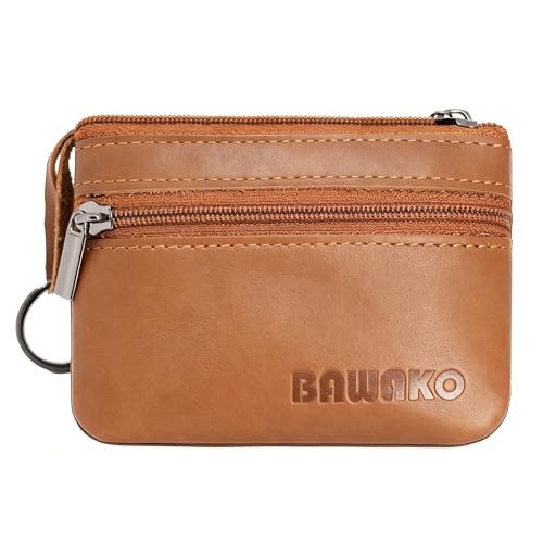BAWAKO duże etui na klucze 3 przegródki zapinane na suwak prawdziwa skóra, etui na klucze dla kobiet, mężczyzn, dzieci (jasnobrązowy, W7/L10)