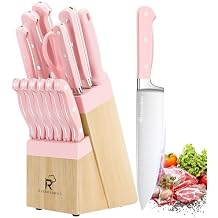 14-Piece Pink Triple Riveted Cooking Knife Set, High Carbon-Stainless Steel Knife Block Set, Razor-Sharp Knife Set with Wood Block, Cutlery Chef Knives Set, Dishwasher Safe