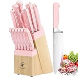 Kitchen Knife Set,14-Piece Triple Riveted Knife Block Set, High Carbon-Stainless Steel Chef Knife set,Razor-Sharp Knife Set with Wood Block,Cutlery Knife Set,Durable & Dishwasher Safe (Pink)