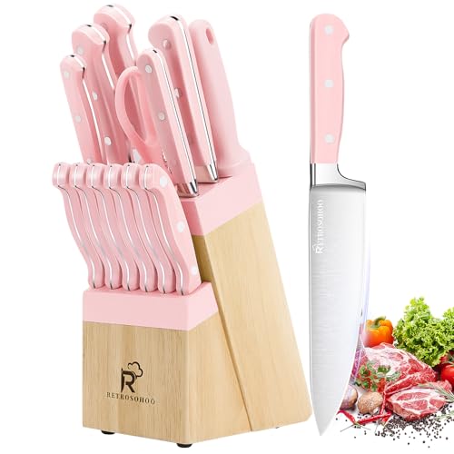 RETROSOHOO 14-Piece Pink Triple Riveted Cooking Knife Set, High Carbon-Stainless Steel Knife Block Set, Razor-Sharp Knife Set with Wood Block, Cutlery Chef Knives Set, Dishwasher Safe