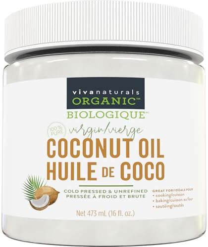 Viva Naturals Organic Virgin Coconut Oil,16 fl oz (473 mL) – Coconut Oil for Hair, Skin, Cooking & Baking – Cold-Pressed, Unrefined & Non-GMO – Keto & Paleo Certified – BPA-Free Jar