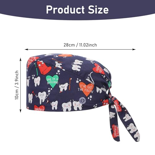 3 Stück OP Haube Verstellbar mit Knopf Arbeitskappe Baumwolldruck Kranken Schwesternkappe Unisex Staubhauben Kappe（Cartoon Zähne Stil）