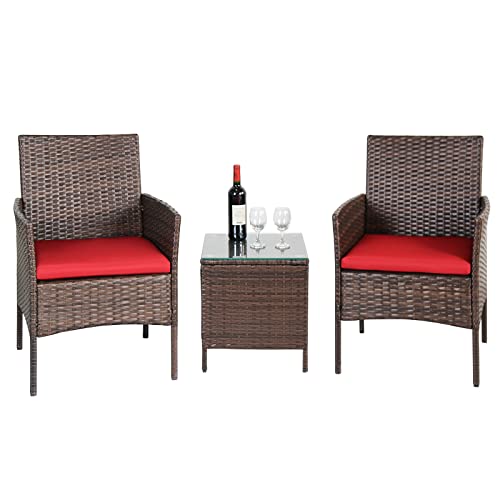 Sweetcrispy 3 Pieces Patio Furniture Sets, Wicker PE Rattan Bistro Outdoor Conversation Table and Chairs Brown/Red