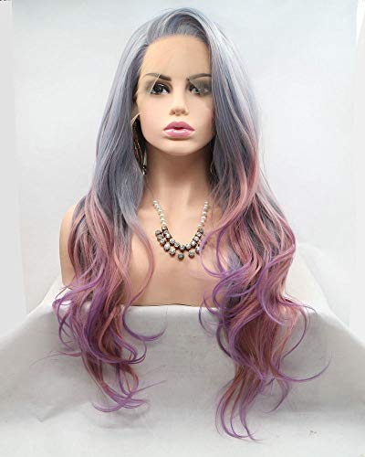 Mermaid Wig Natural Hairline Side Part Synthetic Lace Front Wigs For Drag Queen Mixed Colorful Body Wave Long Hair 24" Cover