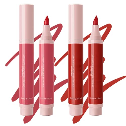 2PCS Lip Stain Marker Pen with Unique Tip Pink Hydrating Lip Tint & Precise Lip Liner Long Lasting Waterproof Matte Finish Moisturising Lightweight Lip Crayon for Natural Full Color Makeup