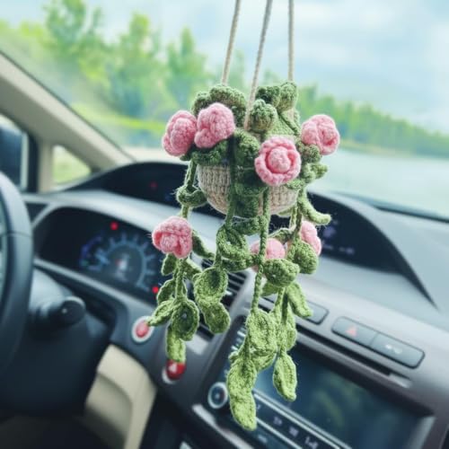 Cute Crochet Hanging Plant for Car Rear View Mirror, Handmade Car Mirror Hanging Accessories for Women, Crochet Rose Boho Rearview Mirror Charms, Pink