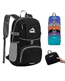 WATERFLY Hiking Foldable Daypack Backpack: 25L Ultra Lightweight Waterproof Day Pack for Woman Man - Small Compact Packable Folding Back Pack for Outdoor Sport Cycling Biking Travel Trip - Black