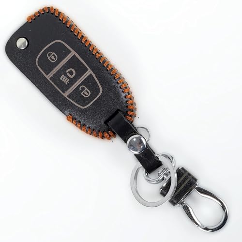 Image of Leather Smart Car Key Cover Case with Metal Hook Keychain for Tata Tigor, Bolt, Nexon, Hexa, Zest, Tiago (Black)