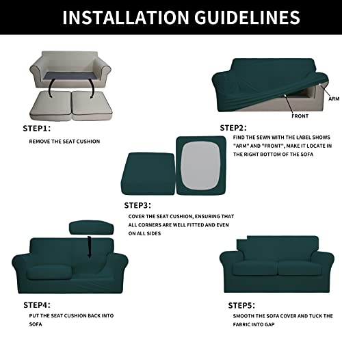 Image of Easy-Going 3 Pieces Stretch Loveseat Couch Cover for 2 Cushion Washable | Sofa Slipcover for Stretch 2 Separate Sectional Cushion Couch - Furniture Protector for Pets, Kids Deep Teal